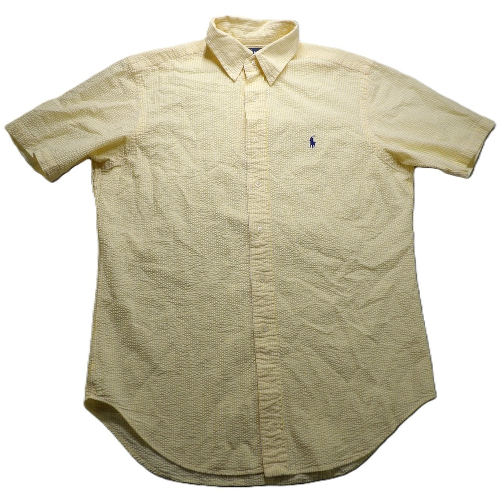 VTG 90s Ralph Lauren Men Medium Yellow Seersucker Short Sleeve Button Shirt OCBD